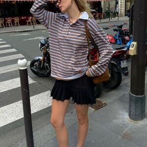 The Room Antwerp Striped Polo Shirt Brown & Pale Blue white collar OS